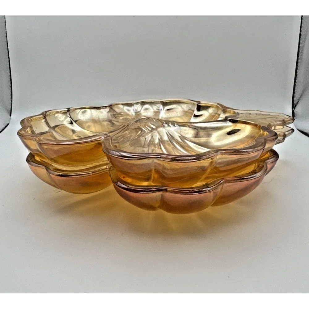 Vintage Jeanette Marigold Carnival Glass 3 Leaf Clover Shaped Candy‎ Dish Set 2